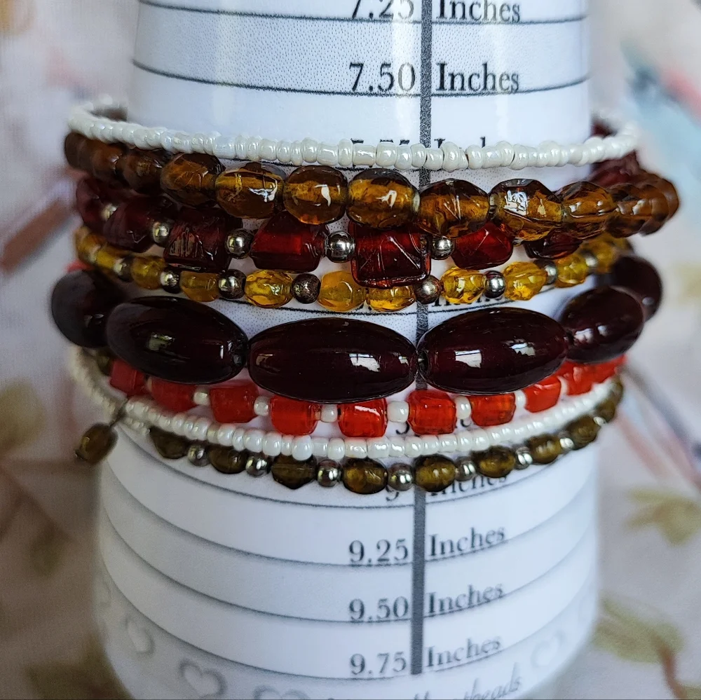 Oversized White Seed Bead Topaz Garnet Color Orange Beaded Memory Wire Bracelet